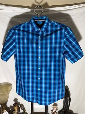 Claiborne Bright Blue Plaid Short-Sleeve Button-Down Shirt